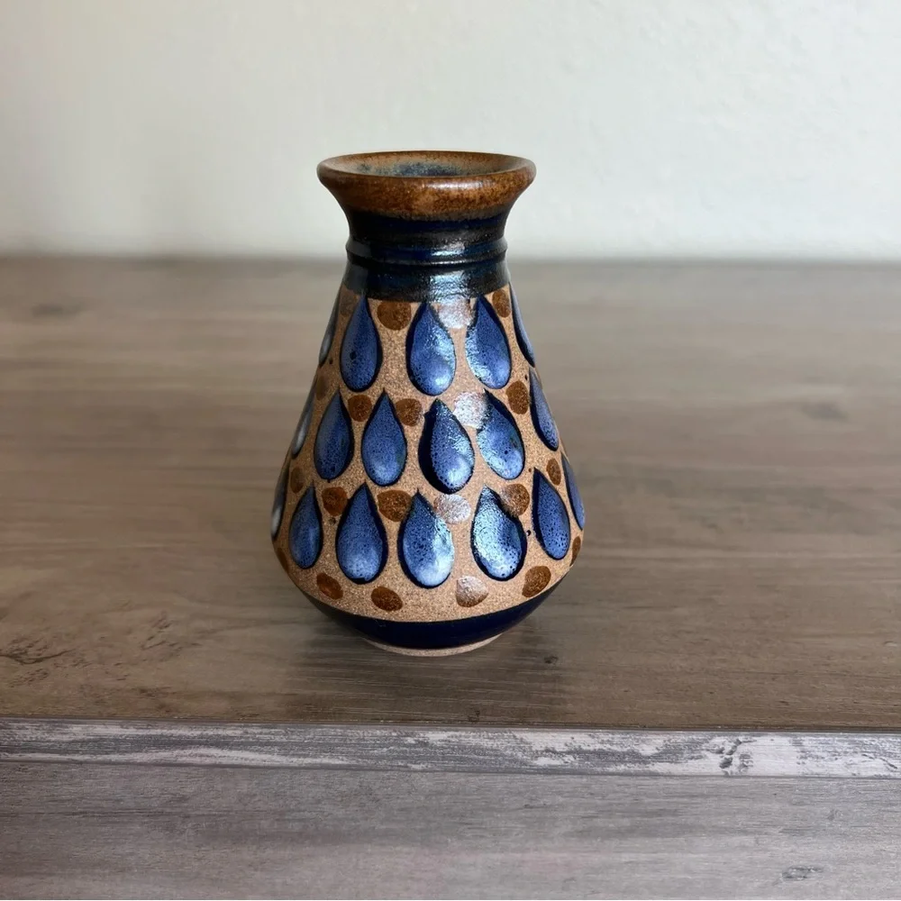 Mexico Clay Mini Vase Mexican Hand Painted Blue Tear Drop Design 3 7/8”H